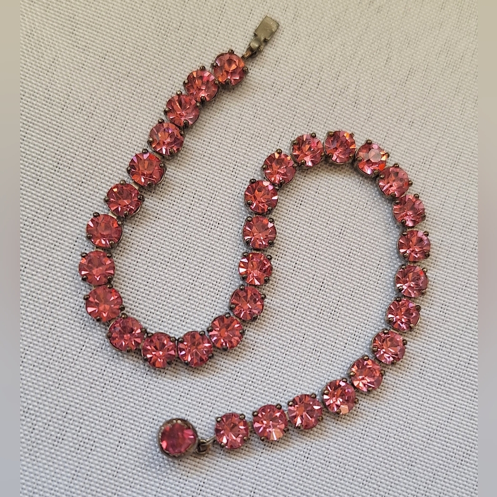 Vintage Bracelet Crystal Pink Tennis Fancy Box Clasp Faceted Glass Stones MCM
